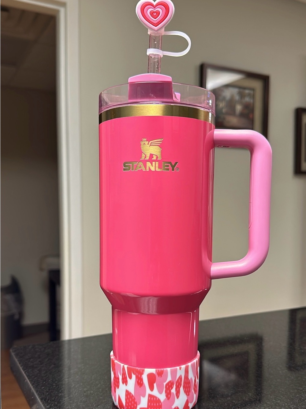 Stanley 40 oz Hot Pink Travel Tumbler with Gold Accent